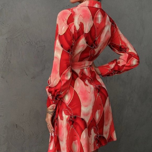 Allover Print Knot Side Wrap Long sleeve Dress red - Picture 7 of 7